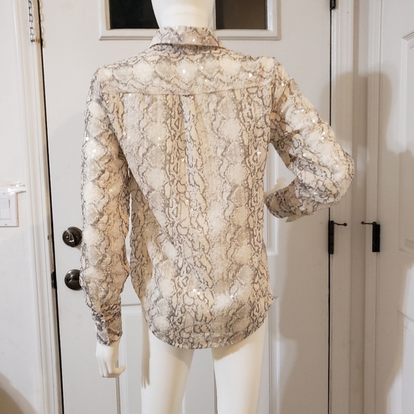 By Anthropologie Size XS Snakeskin Print Sequins Button-Up Blouse - Picture 4 of 11